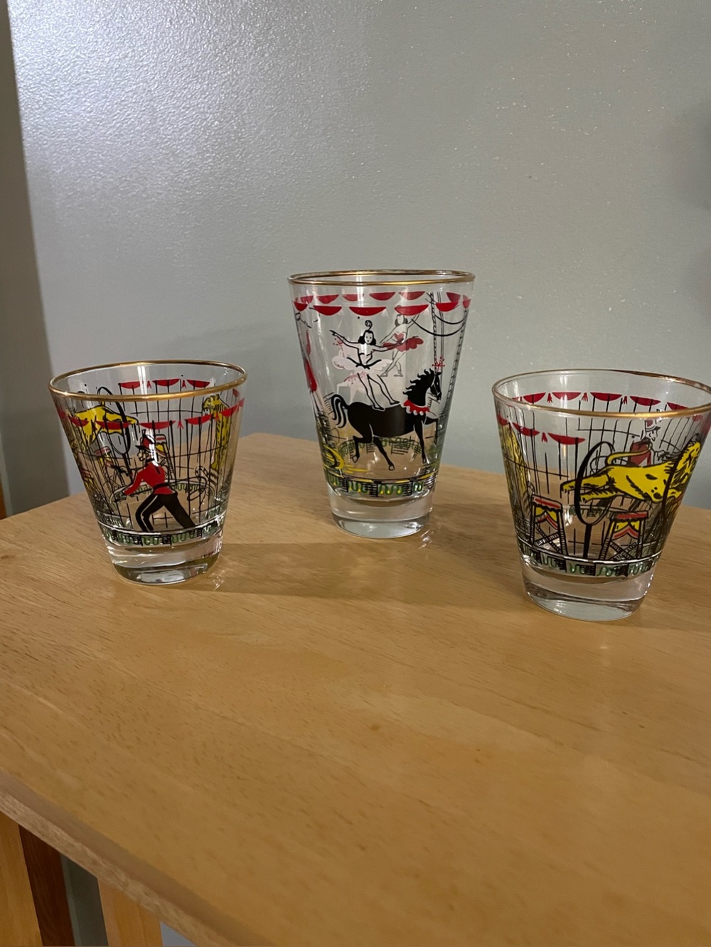 Vintage Libbey Glass Circus Beverage Barware glasses manufactured in the 1950s.